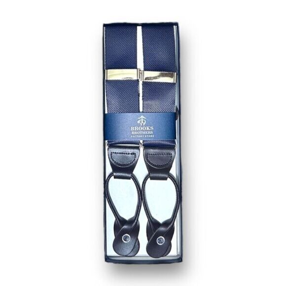 NEW Brooks Brothers Suspenders Braces Navy Blue Adjustable Dark Brown Leather - Picture 1 of 4
